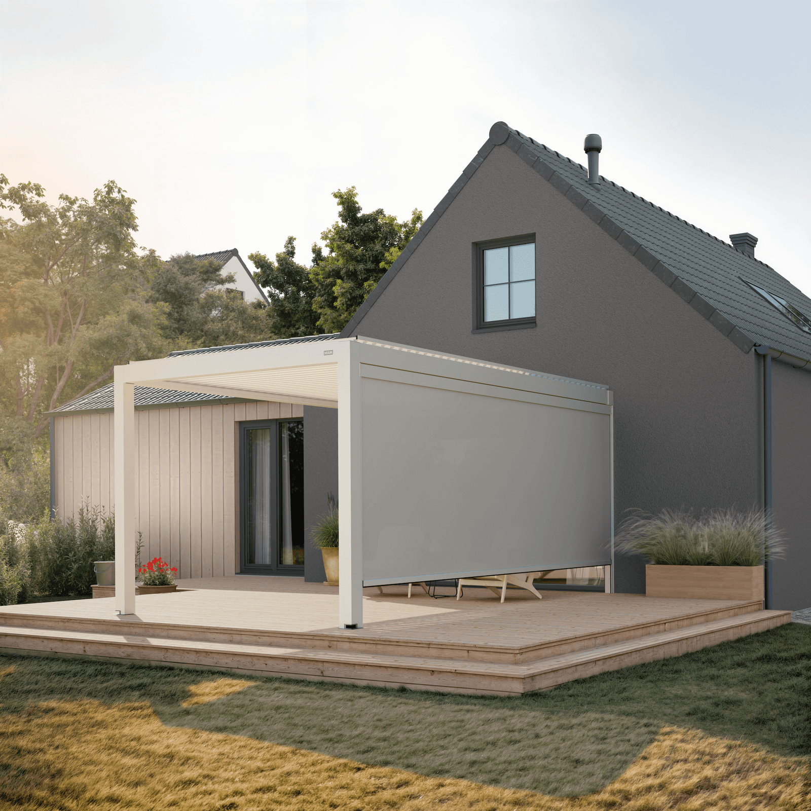 Manual retractable side screen, 16' in white, on an aluminum pergola
