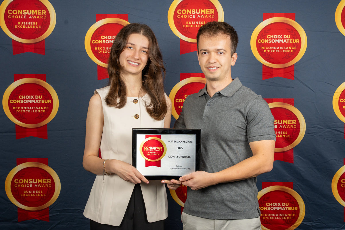 The Mona Furniture team holding the 2027 Consumer Choice Award plaque for Furniture Retailers, Waterloo Region