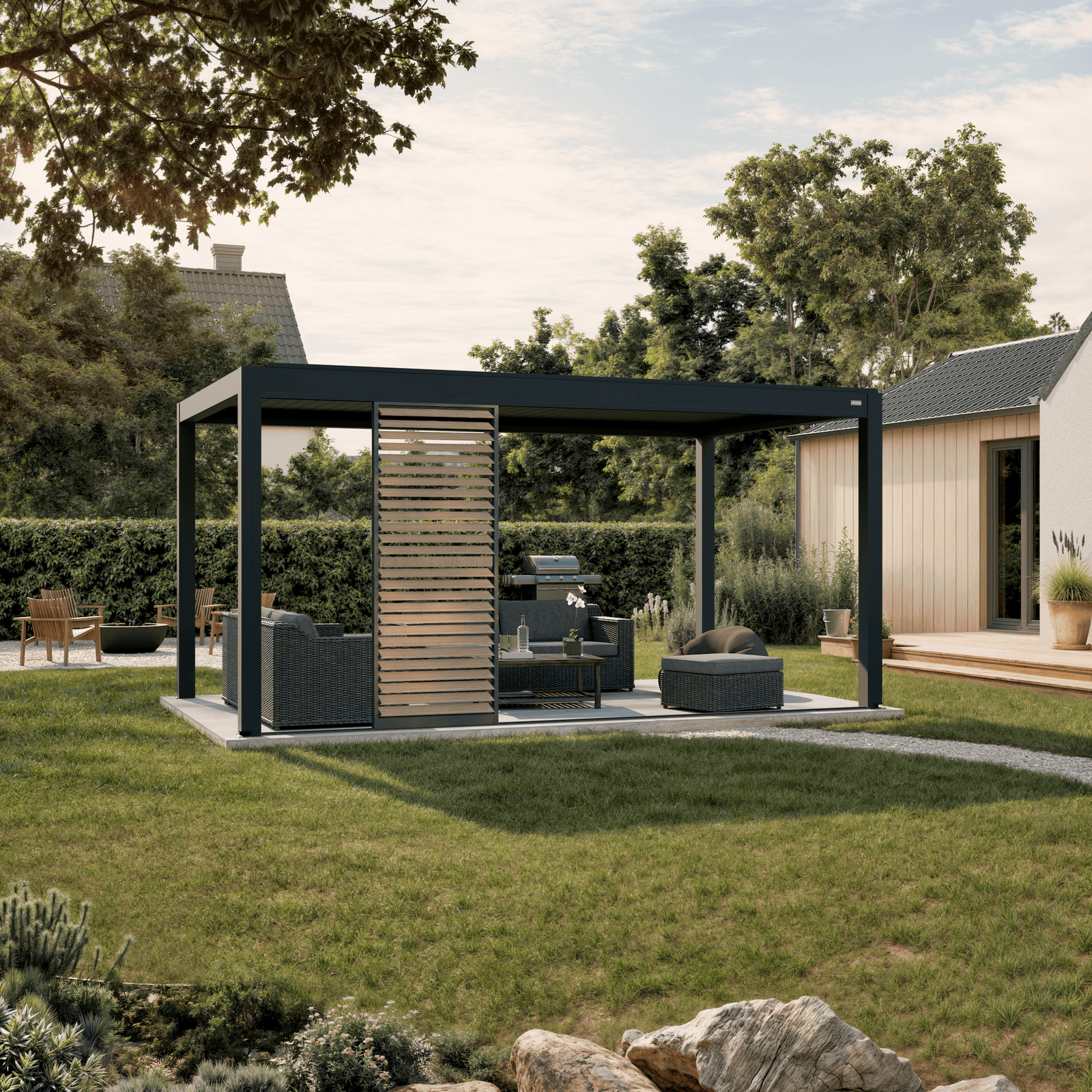 Louvered pergola with sliding shutter in a landscaped garden