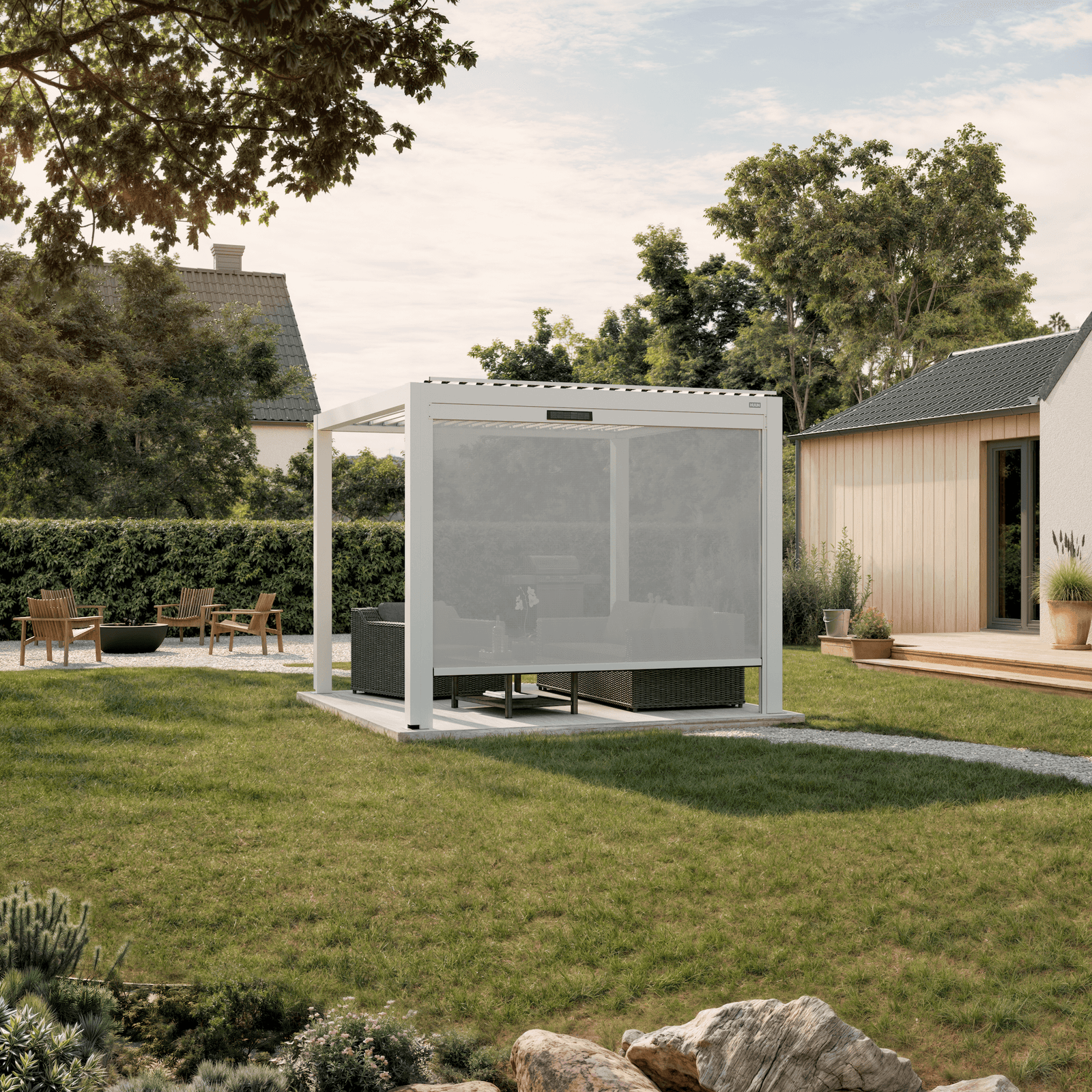 Solar retractable side screen, 10' in white, on an aluminum pergola