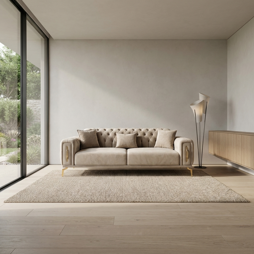 The Aspendos sofa in beige, arranged in a living room