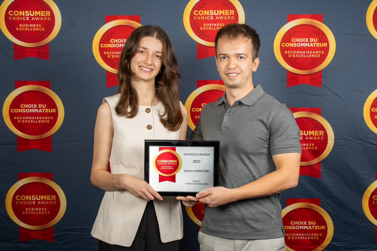 The Mona Furniture team holding the 2027 Consumer Choice Award plaque for Furniture Retailers, Waterloo Region