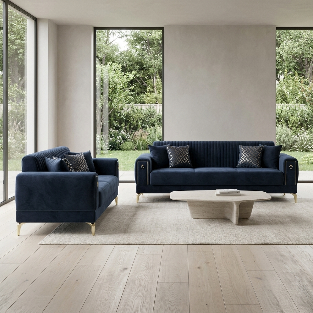 Gloria Navy Blue 08 Set Sofa Loveseat