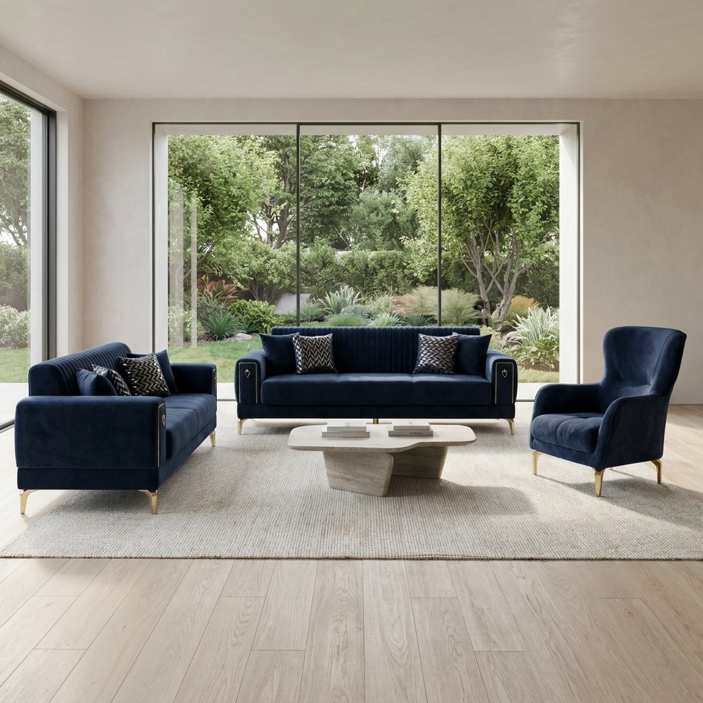 Gloria Navy Blue 09 Set Sofa Loveseat Armchair