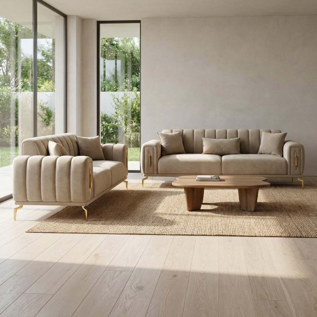 Zumrut Line Beige Baby Face 04 08 Set Sofa Loveseat