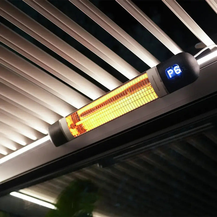 Infrared heater mounted in the roof frame of a louvered pergola