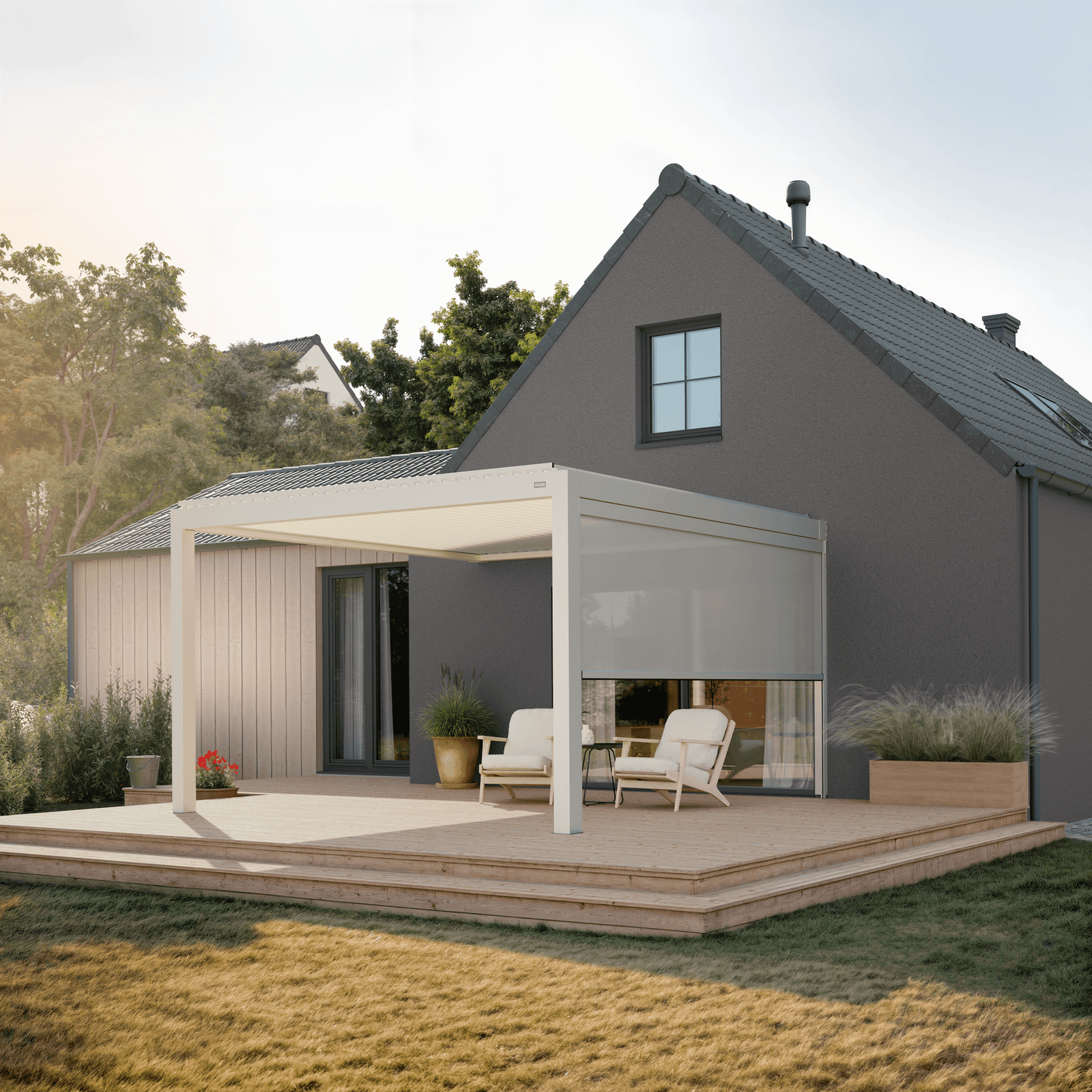 Manual retractable side screen, 13' in white, on an aluminum pergola