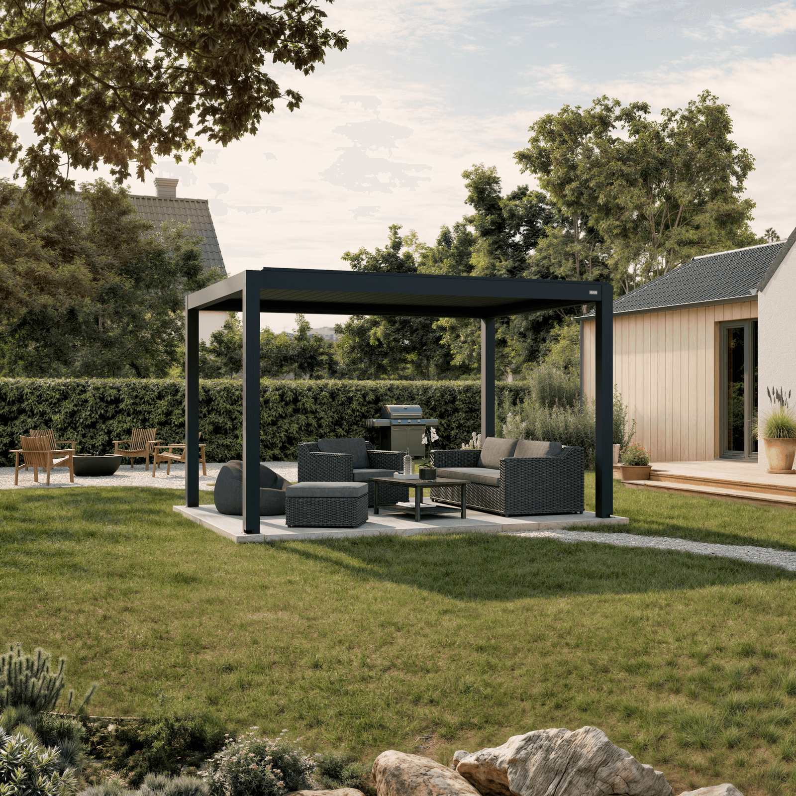 Pergola Equa — anthracite 10' × 13' aluminum louvered pergola, freestanding