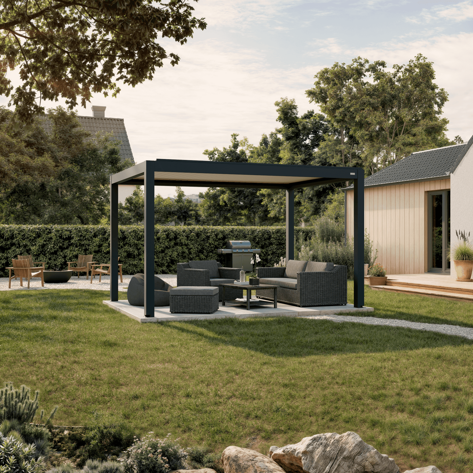 Pergola Equa — anthracite with white louvers 10' × 13' aluminum louvered pergola, freestanding