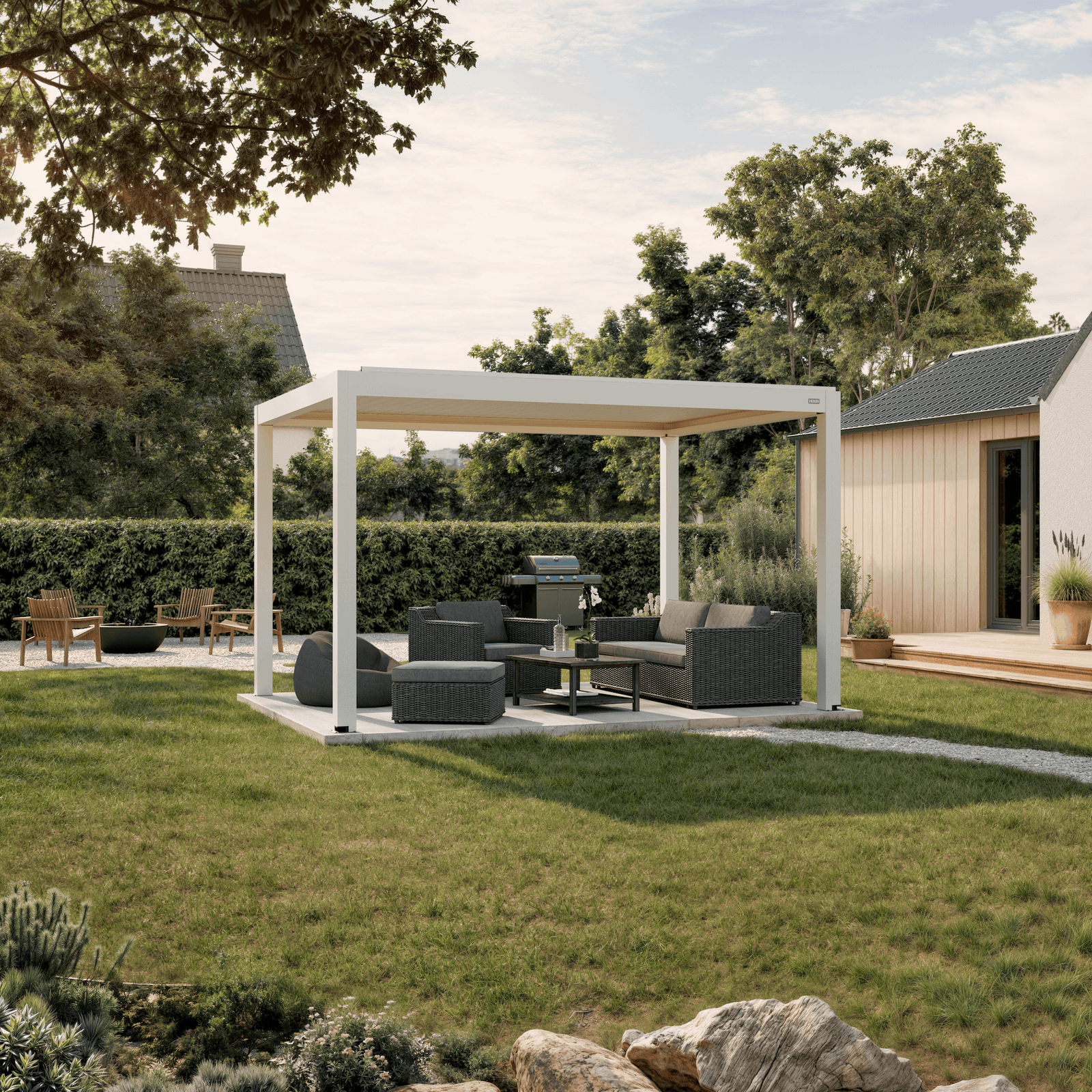 Pergola Equa — white 10' × 13' aluminum louvered pergola, freestanding