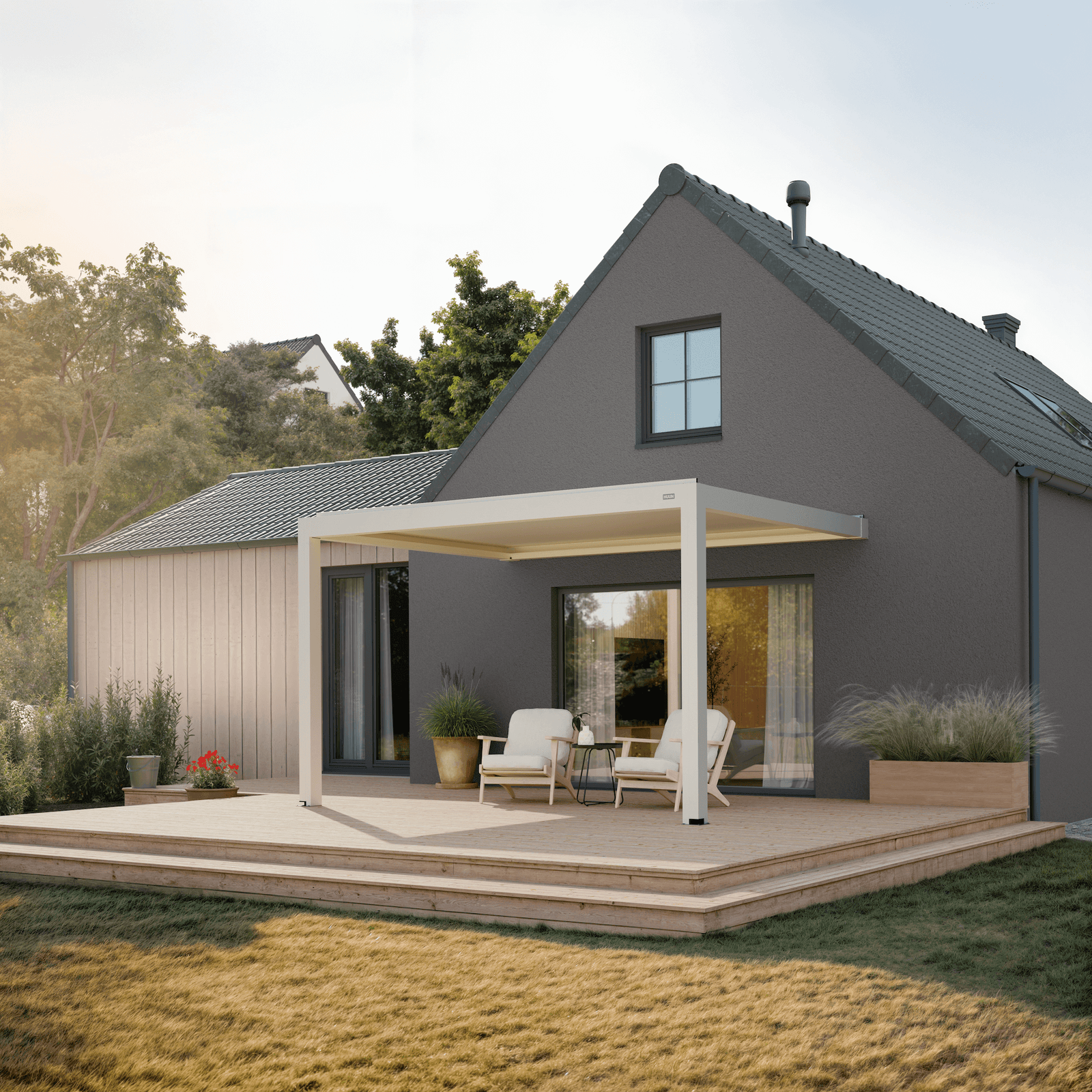 Pergola Equa — white 10' × 13' aluminum louvered pergola, wall-mounted