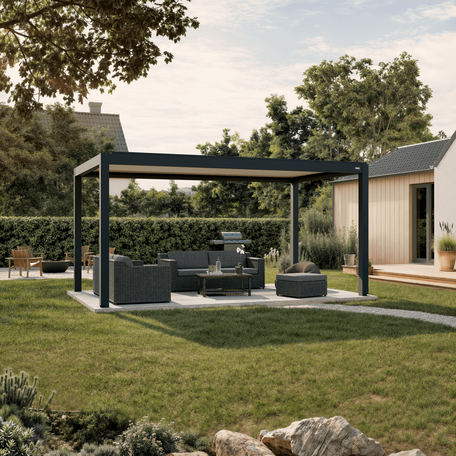 Pergola Equa — anthracite with white louvers 10' × 16' aluminum louvered pergola, freestanding