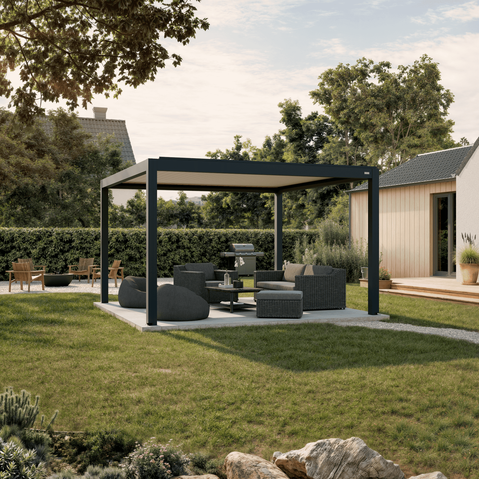 Pergola Equa — anthracite with white louvers 13' × 13' aluminum louvered pergola, freestanding