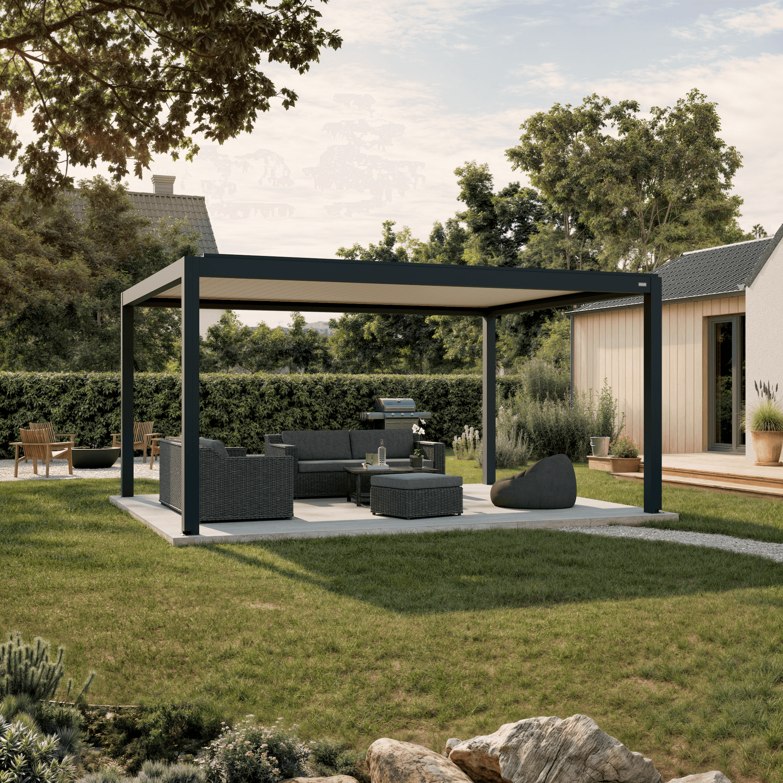 Pergola Equa — anthracite with white louvers 13' × 16' aluminum louvered pergola, freestanding
