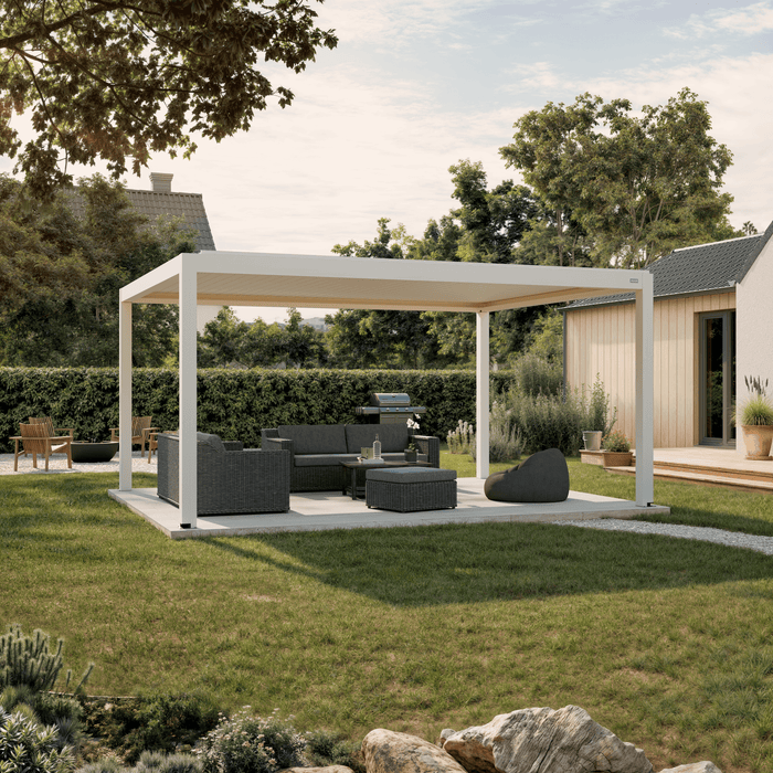Pergola Equa — white 13' × 16' aluminum louvered pergola, freestanding
