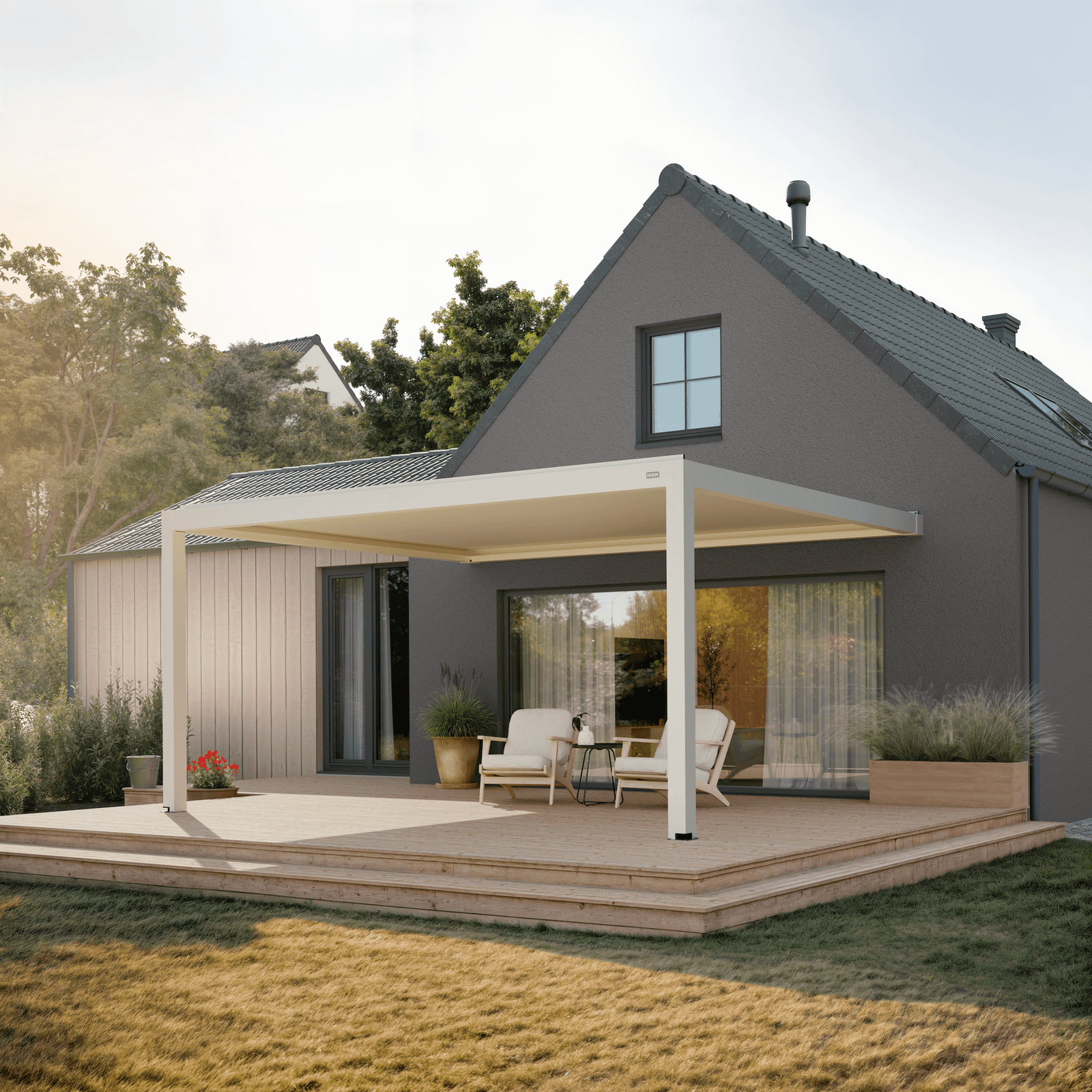 Pergola Equa — white 13' × 16' aluminum louvered pergola, wall-mounted