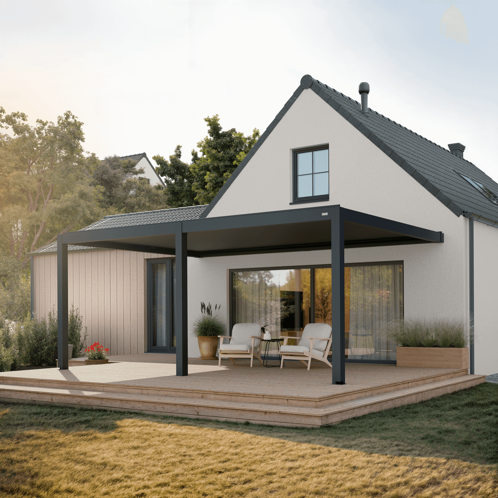 Pergola Equa — anthracite 13' × 19' aluminum louvered pergola, wall-mounted