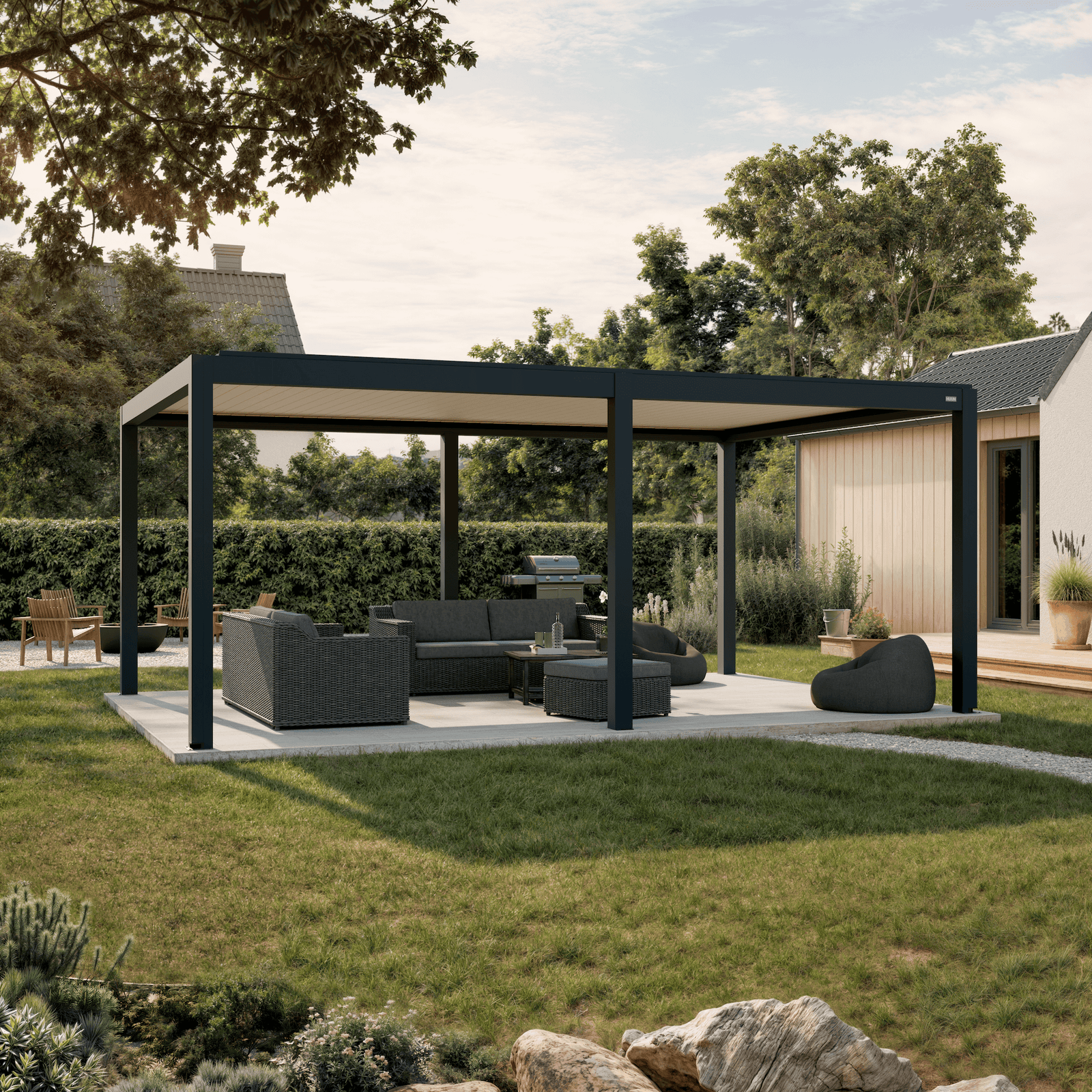 Pergola Equa — anthracite with white louvers 13' × 19' aluminum louvered pergola, freestanding