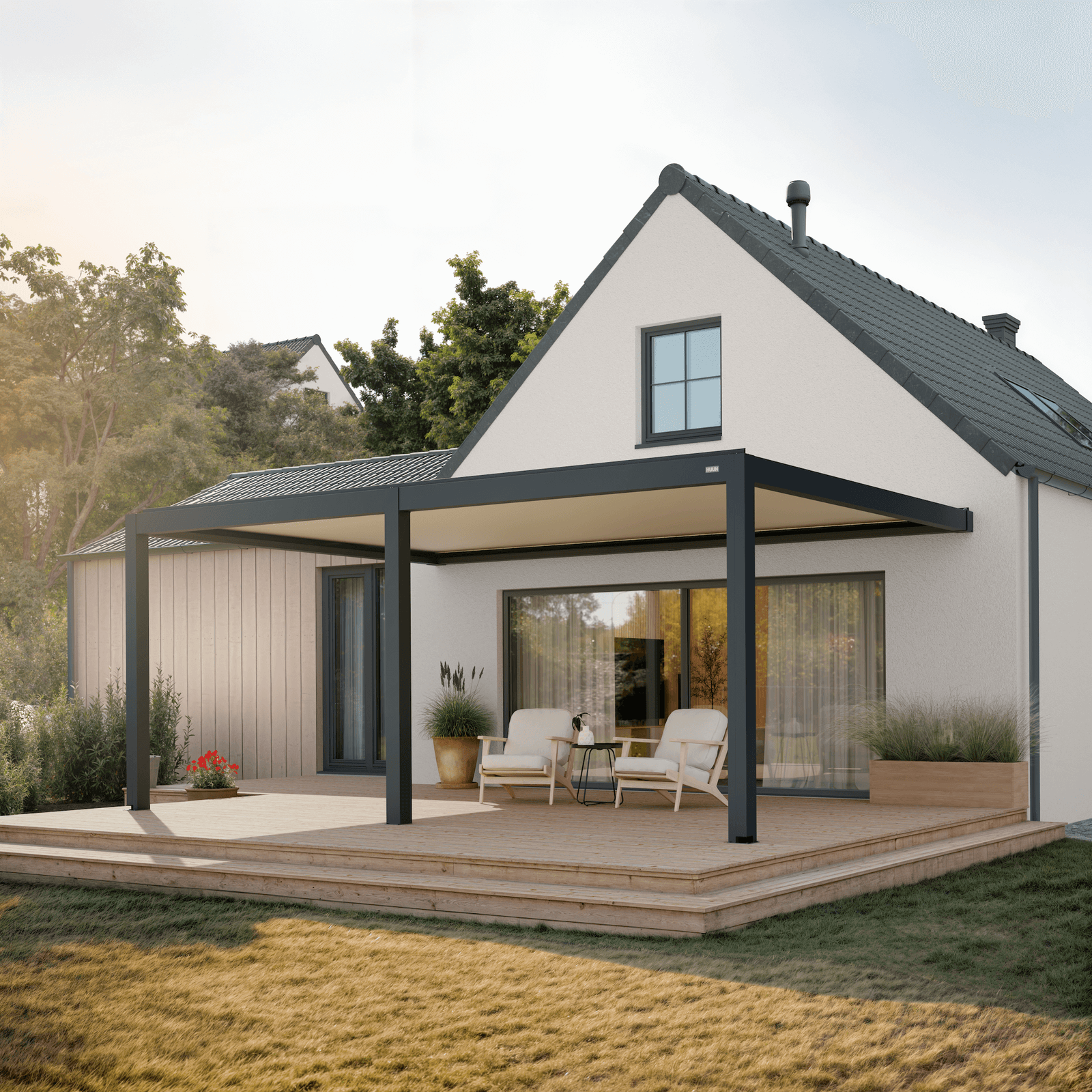 Pergola Equa — anthracite with white louvers 13' × 19' aluminum louvered pergola, wall-mounted