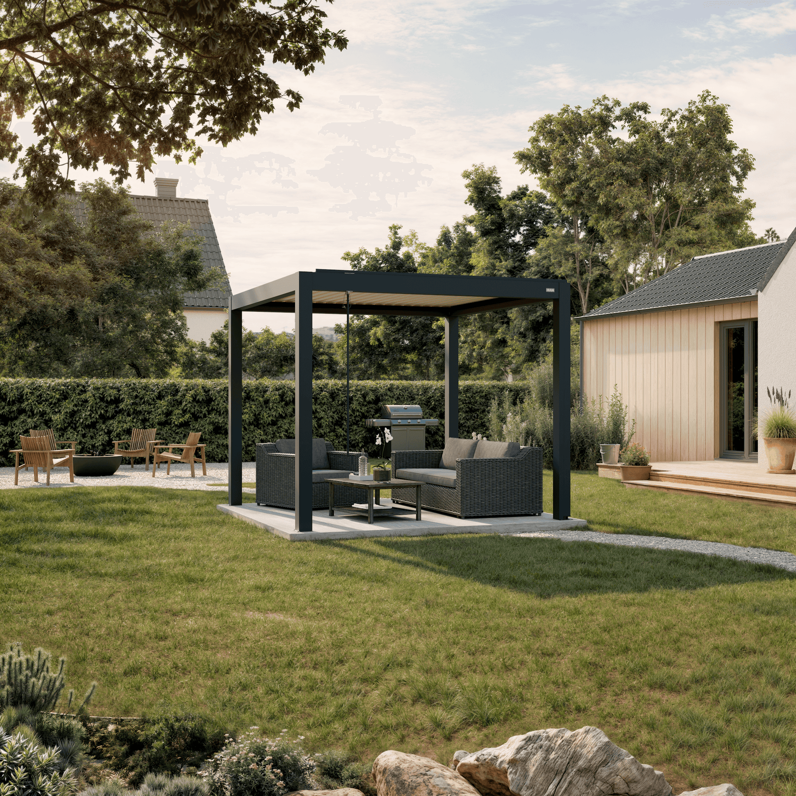 Pergola Piano — anthracite with white louvers 10' × 10' aluminum louvered pergola, freestanding