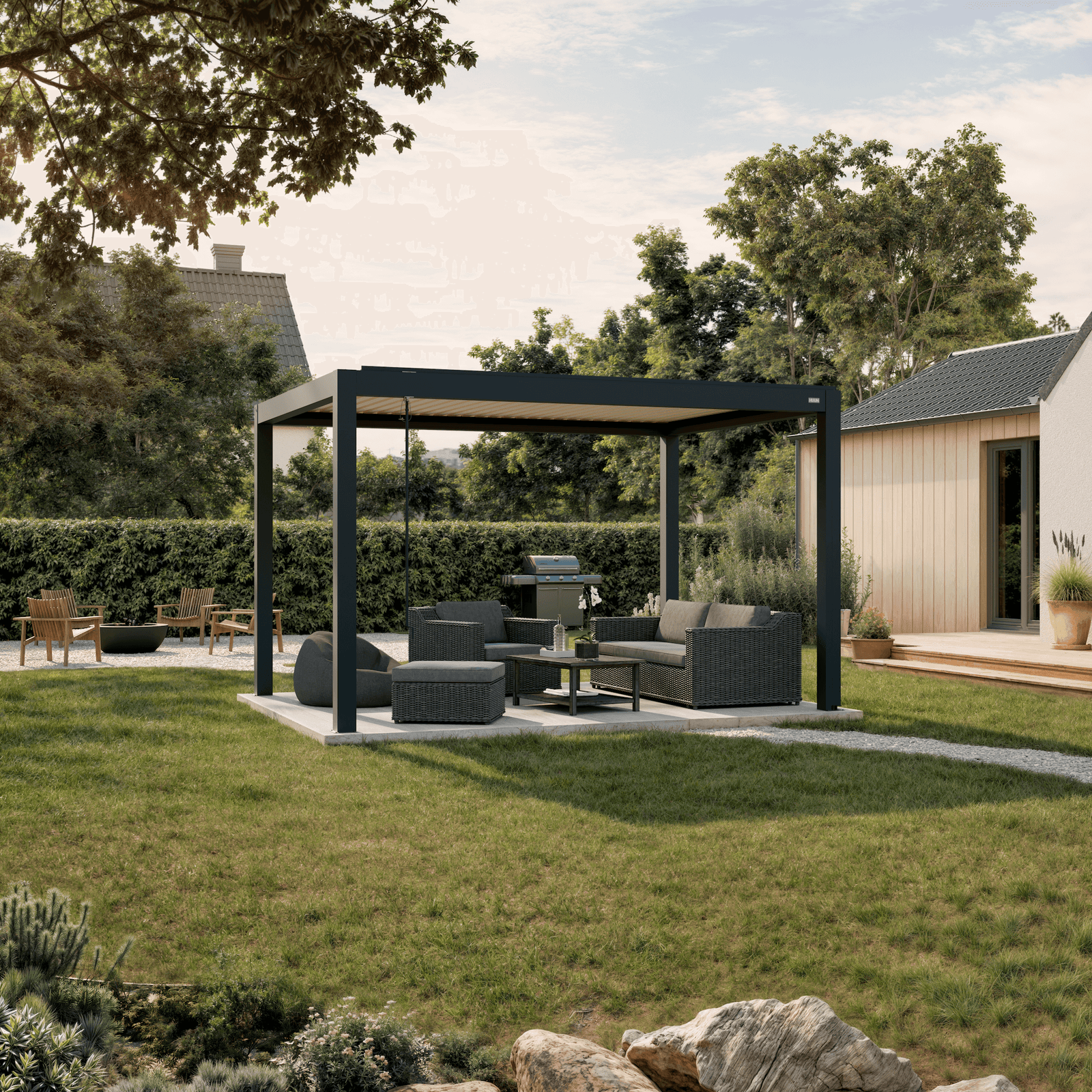 Pergola Piano — anthracite with white louvers 10' × 13' aluminum louvered pergola, freestanding