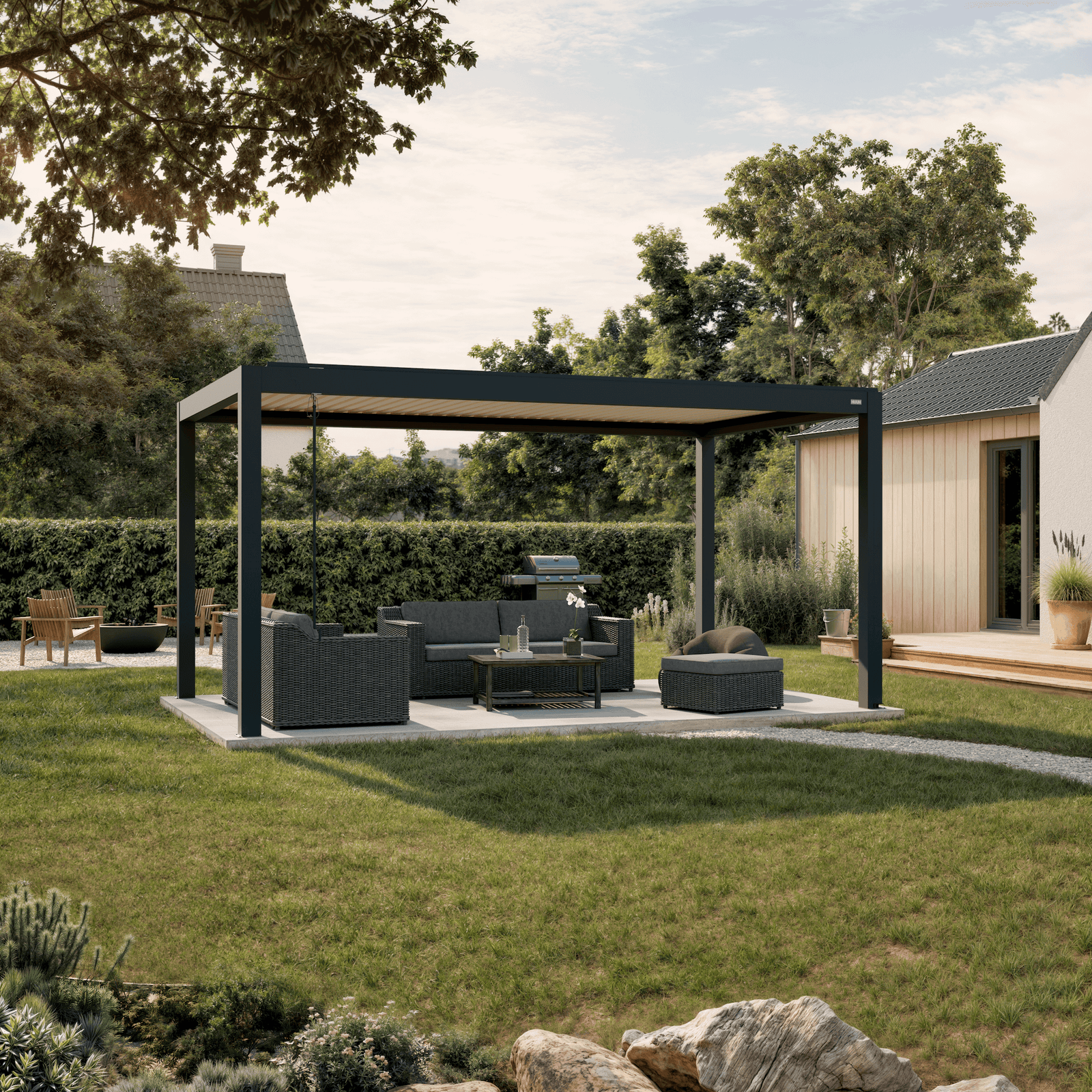 Pergola Piano — anthracite with white louvers 10' × 16' aluminum louvered pergola, freestanding