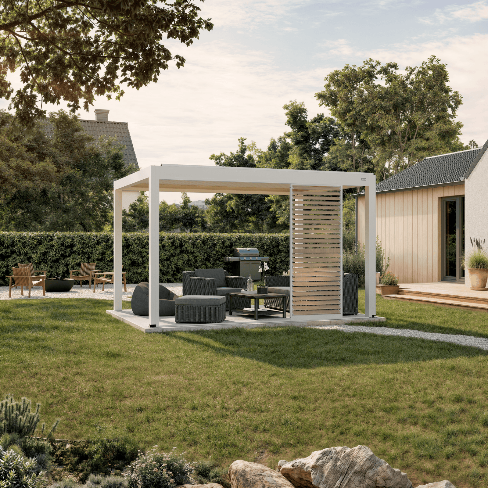 White wall-mounted 10' × 13' pergola with wood-look sliding shutter